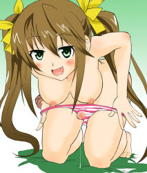 Rule 34 | 10s, blush, breasts, brown hair, bulge, cum, futanari, green eyes, huang lingyin, infinite stratos, large breasts, long hair, looking at viewer, nipples, open mouth, penis, precum, smile, solo, topless, twintails, underwear, wristband