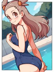 1girl arm_at_side ass border breasts brown_eyes brown_hair closed_mouth cloud commentary_request competition_school_swimsuit creatures_(company) day eyelashes game_freak hand_up happy jasmine_(pokemon) long_hair looking_to_the_side mimizunooka nintendo one-piece_swimsuit outdoors outside_border pokemon pokemon_gsc pool school_swimsuit shoulder_blades sky smile solo swimsuit two_side_up water white_border