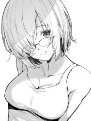 Rule 34 | 1girl, bare shoulders, blush, bokokichi (you), breasts, cleavage, closed mouth, collarbone, fate/grand order, fate (series), glasses, greyscale, hair over one eye, light smile, looking at viewer, mash kyrielight, medium breasts, monochrome, shade, short hair, smile, solo, tank top, upper body