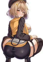 Rule 34 | 1girl, absurdres, ahoge, anis (nikke), ass, beret, black footwear, black hat, black shorts, black thighhighs, blush, breasts, brown hair, commentary, from behind, goddess of victory: nikke, hair between eyes, hair ornament, hat, highres, huge ass, jacket, large breasts, long sleeves, looking at viewer, looking back, open clothes, open jacket, open mouth, parapetto, short hair, short shorts, shorts, simple background, skindentation, smile, solo, squatting, teeth, thigh strap, thighhighs, thighs, white background, yellow eyes