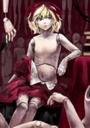 Rule 34 | 1girl, bad id, bad pixiv id, blonde hair, blue eyes, blurry, book, depth of field, doll, doll joints, face, female focus, flat chest, hair ribbon, joints, lips, looking away, medicine melancholy, navel, nishiuri, no nipples, nude, ribbon, sitting, solo, touhou