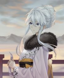 Rule 34 | 1girl, alternate costume, azur lane, braid, closed mouth, cloud, cloudy sky, enterprise (azur lane), fur-trimmed kimono, fur trim, hair ornament, highres, holding, holding paper, japanese clothes, kimono, long hair, looking away, mountainous horizon, paper, purple eyes, side braid, silver hair, sky, solo, suprii, upper body, white kimono