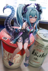 Rule 34 | 1girl, ahoge, banned artist, bare shoulders, beer can, black bow, black dress, black nails, blue eyes, blue hair, blue sleeves, bow, breasts, can, commentary, detached sleeves, dragon girl, dragon horns, dragon tail, dress, drink can, grin, hair between eyes, hair bow, hatsune miku, highres, horns, long hair, long sleeves, looking at viewer, medium breasts, mini person, minigirl, monitor, nail polish, noodle stopper, purple footwear, purple sleeves, sharp teeth, shoes, sidelocks, sitting, sleeves past wrists, smile, solo, tail, teeth, twintails, v-shaped eyebrows, very long hair, vocaloid, yuuka nonoko