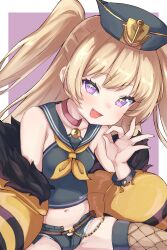 +_+ 1girl :d absurdres anchor_hat_ornament azur_lane bache_(azur_lane) bare_shoulders black_panties black_shirt black_shorts blonde_hair blush breasts clothes_pull cropped_shirt fang fur-trimmed_jacket fur_trim groin hair_between_eyes hand_up hat hat_ornament highres jacket jacket_pull leaning_forward long_hair micro_shorts midriff navel neckerchief ok_sign open_clothes open_jacket open_mouth open_shorts panties panty_peek purple_eyes school_uniform serafuku shirt shorts single_fishnet_legwear skindentation sleeveless sleeveless_shirt small_breasts smile solo spread_legs sushi_no_ikari thighs torn_clothes torn_shorts unbuttoned underwear very_long_hair yellow_jacket yellow_neckerchief