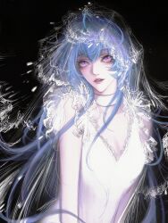 Rule 34 | 1girl, absurdres, alternate costume, bare arms, bare shoulders, black background, blue hair, breasts, bridal veil, chinese commentary, choker, cleavage, commentary, dress, eyelashes, frilled dress, frills, hair between eyes, hamel (path to nowhere), highres, lips, looking at viewer, multicolored hair, parted lips, path to nowhere, pink eyes, sleeveless, sleeveless dress, small breasts, solo, streaked hair, upper body, veil, white choker, white dress, yu zhezhe