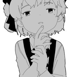 Rule 34 | 1girl, collared shirt, doppelschwert, expressionless, flower, greyscale, hair flower, hair ornament, hair ribbon, half-closed eyes, hands up, hatoba tsugu, highres, holding own wrist, jaggy lines, long sleeves, looking at viewer, mole, mole under eye, monochrome, neck ribbon, open mouth, raised eyebrows, ribbon, shirt, short hair, simple background, single hair ring, solo, suspenders, tsugu (vtuber), upper body, virtual youtuber