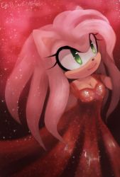 Rule 34 | 1girl, alternate costume, alternate hair length, alternate hairstyle, amy rose, animal ears, animal nose, artist name, breasts, cleavage, closed mouth, dress, female focus, furry, furry female, green eyes, happy, highres, light particles, long hair, looking up, medium breasts, pink hair, red background, red dress, red theme, shiny clothes, short sleeves, smile, solo, sonic (series), spacecolonie, standing, tumblr username