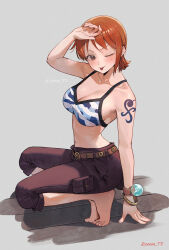 Rule 34 | 1girl, ;p, absurdres, arm tattoo, arm up, barefoot, bikini, bikini top only, blush, bracelet, breasts, brown eyes, brown pants, highres, jewelry, large breasts, log pose, nami (one piece), one eye closed, one piece, orange hair, pants, short hair, simple background, solo, sooon, squatting, swimsuit, tattoo, tiptoes, tongue, tongue out