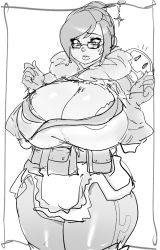 Rule 34 | 1girl, breasts, cleavage, female focus, highres, huge breasts, maniacpaint, mei (overwatch), monochrome, overwatch, overwatch 1, plump, solo, thick thighs, thighs, white background