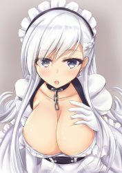 Rule 34 | 1girl, apron, azur lane, belfast (azur lane), braid, breasts, chain, cleavage, collar, collarbone, commentary request, corset, french braid, frilled apron, frills, gloves, large breasts, long hair, maid, maid apron, maid headdress, nekoyaso, purple eyes, silver hair, white apron, white gloves