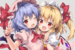 Rule 34 | 2girls, :d, ahoge, arm up, ascot, bat wings, blonde hair, blouse, blue hair, fang, finger to cheek, flandre scarlet, grey background, hair between eyes, hand on another&#039;s arm, hat, hat ribbon, hug, index finger raised, looking at viewer, mob cap, multiple girls, one eye closed, open hand, open mouth, pink shirt, polka dot, polka dot background, puffy short sleeves, puffy sleeves, red ascot, red eyes, red vest, remilia scarlet, ribbon, riichu, shirt, short hair, short sleeves, siblings, side ponytail, sisters, smile, touhou, upper body, vest, wings, wrist cuffs, yellow ascot