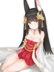 Rule 34 | 1girl, absurdres, aged up, alternate breast size, animal ears, azur lane, bare shoulders, black hair, blunt bangs, blush, breasts, cleavage, closed mouth, collarbone, commentary request, dress, fox ears, hair ornament, highres, long hair, looking at viewer, medium breasts, nagato (azur lane), no bra, red eyes, ru zhai, smile, solo, strapless, strapless dress, very long hair, white background, yellow eyes
