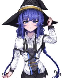 Rule 34 | 1girl, absurdres, black hat, black ribbon, black skirt, blush, braid, capelet, eyebrows hidden by hair, feet out of frame, flat chest, grey shirt, hair between eyes, hair ribbon, hand on headwear, hat, highres, jacket, long hair, munghan, mushoku tensei, nervous smile, ribbon, roxy migurdia, shirt, signature, simple background, sketch, skirt, smile, solo, twin braids, very long hair, white background, white capelet, white jacket, witch hat