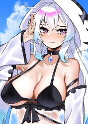 Rule 34 | 1girl, azur lane, bare shoulders, black bra, black choker, black hood, blue hair, blue sky, blush, bra, breasts, choker, closed mouth, cloud, cloudy sky, commission, detached sleeves, enforcer iii harvest (azur lane), gradient hair, highres, large breasts, long hair, multicolored hair, outdoors, purple eyes, revealing clothes, second-party source, signature, siren (azur lane), sky, solo, toszuca, two-tone hood, underwear, upper body, white hair, white hood