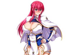 Rule 34 | 1girl, angelica von eustest, arched back, armor, blue eyes, blush, breasts, cape, caplet, cleavage, clothing cutout, female focus, female knight, gauntlets, hair between eyes, hair ornament, hand on own hip, large breasts, long bangs, looking at viewer, neroma shin, on shoulder, oujo &amp; onna kishi w dogehin roshutsu ~chijoku no misemono dorei~, ponytail, red hair, simple background, smile, solo, solo focus, standing, thighhighs, wide hips