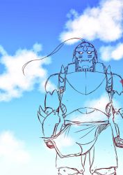 Rule 34 | 1boy, alphonse elric, apron, armor, clenched hands, cloud, cloudy sky, day, flamel symbol, floating, full armor, fullmetal alchemist, helmet, highres, looking at viewer, male focus, monochrome, outdoors, sky, solo, standing, x-ray