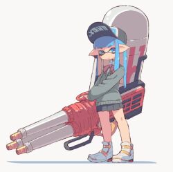Rule 34 | 1girl, baseball cap, black hat, black skirt, blue eyes, blue hair, blunt bangs, closed mouth, full body, grey background, hat, holding, holding weapon, hydra splatling (splatoon), inkling, inkling girl, inkling player character, long hair, long sleeves, looking at viewer, nintendo, pleated skirt, pointy ears, shimazaki1152, shoes, simple background, skirt, solo, splatoon (series), standing, tentacle hair, weapon