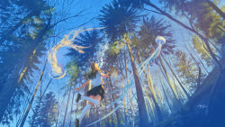 Rule 34 | air bubble, bare tree, black skirt, blue sky, brown hair, bubble, facing away, floating, forest, highres, jellyfish, kneehighs, long hair, looking afar, looking away, miniskirt, nature, original, outdoors, outstretched arms, scenery, shirt, shoes, signature, skirt, sky, socks, sunlight, tentacles, tree, wayne chan, white legwear, white shirt, wide shot