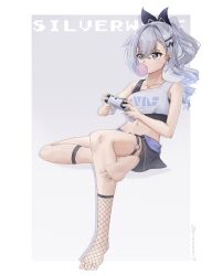Rule 34 | 1girl, absurdres, bare arms, bare shoulders, black ribbon, black tank top, blowing bubbles, character name, collarbone, commentary, controller, crop top, drill hair, feet, fishnets, game controller, grey eyes, grey hair, hair ornament, hair ribbon, hairclip, highres, holding, holding controller, holding game controller, honkai: star rail, honkai (series), long hair, midriff, navel, ponytail, ribbon, shirt, silver wolf (honkai: star rail), single-shoulder shirt, sitting, solo, stomach, tank top, thigh strap, white shirt, zeranium (zeranium17)