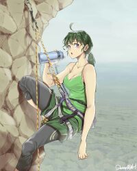 Rule 34 | 1girl, ahoge, black footwear, black pants, breasts, carabiner, cleavage, climbing, climbing harness, commentary, day, dripping, english commentary, foot out of frame, green hair, green shirt, green shorts, hair between eyes, hand up, highres, holding, holding thermos, large breasts, long hair, looking at viewer, low ponytail, mountain climbing, open mouth, original, pants, pink eyes, rope, shirt, shorts, signature, skinnysloth, sleeveless, sleeveless shirt, solo, spaghetti strap, thermos, water