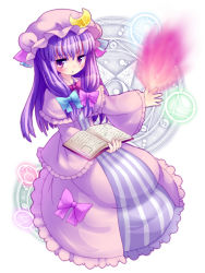 Rule 34 | 1girl, bad id, bad pixiv id, blush, book, capelet, crescent, dress, female focus, fire, hair ribbon, hat, long hair, magic circle, minato0618, open mouth, patchouli knowledge, pink dress, purple eyes, purple hair, ribbon, sitting, solo, striped clothes, striped dress, touhou