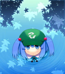 Rule 34 | 1girl, :&lt;, blue eyes, blue hair, female focus, from above, hair bobbles, hair ornament, hat, kawashiro nitori, leaf, looking up, maple leaf, matching hair/eyes, no nose, ripples, short hair, solo, staring, takadoya, touhou, twintails, two side up, water