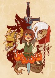 Rule 34 | 1boy, 1girl, a song of ice and fire, animification, arya stark, brown hair, coin, crossdressing, fire, helmet, jaqen h&#039;ghar, long hair, multicolored hair, open mouth, reverse trap, shadow, short hair, smile, supatomic, sword, tears, weapon, wolf