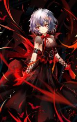 Rule 34 | 1girl, absurdres, alternate costume, bat (animal), bat wings, black dress, bow, dated, dress, fang, frills, gloves, gradient background, highres, light purple hair, looking to the side, nangua mache, no headwear, red eyes, red gloves, remilia scarlet, short hair, signature, smile, solo, touhou, wings