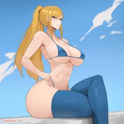 Rule 34 | 1girl, artist name, bikini, blonde hair, blue bikini, blue eyes, blush, breasts, cleavage, collarbone, kisou (kisou00), large breasts, long hair, looking at viewer, metroid, nintendo, parted lips, ponytail, samus aran, sky, solo, stomach, swimsuit, thick thighs, thighhighs, thighs