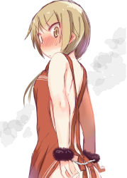 Rule 34 | 1girl, apron, ass, bare back, blonde hair, blush, breasts, closed mouth, cuffs, embarrassed, from behind, highres, ichii yui, looking at viewer, low twintails, medium breasts, medium hair, red apron, simple background, smoke, solo, tatsunokosso, twintails, upper body, v-shaped eyebrows, white background, wrist cuffs, yellow eyes, yuyushiki