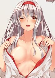 Rule 34 | 1girl, artist name, blush, breasts, collarbone, headband, highres, japanese clothes, kantai collection, long hair, looking at viewer, medium breasts, one eye closed, open mouth, sazamiso rx, shoukaku (kancolle), solo, undressing, upper body, white hair
