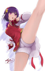 Rule 34 | 1girl, asamiya athena, breasts, chinese clothes, crotch, fingerless gloves, flexible, gloves, hairband, highres, jewelry, kicking, medium breasts, nakenashi, necklace, purple eyes, purple hair, shorts, the king of fighters