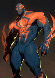 Rule 34 | 1boy, animal print, blue bodysuit, bodysuit, covered abs, gradient background, highres, large pectorals, male focus, marvel, mask, muscular, muscular male, nesskain, pectorals, red bodysuit, simple background, solo, spider-man: across the spider-verse, spider-man (2099), spider-man (series), spider-verse, spider print, thick thighs, thighs, two-tone bodysuit