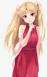 Rule 34 | 1girl, blonde hair, bow, closed mouth, cowboy shot, cross, cross necklace, dress, earrings, ereshkigal (bitter sweet) (fate), ereshkigal (fate), fate/grand order, fate (series), finger to mouth, hair bow, head tilt, highres, jewelry, k3rd, long hair, looking at viewer, necklace, pink bow, red dress, red eyes, shushing, simple background, sleeveless, sleeveless dress, smile, solo, standing, very long hair, white background