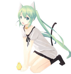 Rule 34 | 1girl, animal ears, bad id, bad pixiv id, bell, bird, cat ears, cat girl, cat tail, chick, female focus, full body, green eyes, green hair, hatsune miku, kagamine len, matching hair/eyes, powhu, simple background, socks, solo, tail, vocaloid, world is mine (vocaloid)
