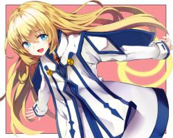 Rule 34 | 1girl, bbci, blonde hair, blue eyes, blush, choker, colette brunel, commentary, dress, dutch angle, hair between eyes, highres, jewelry, long hair, long sleeves, looking at viewer, pantyhose, pink background, ring, simple background, smile, solo, tales of (series), tales of symphonia, weapon, white dress