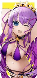 Rule 34 | 1girl, armpits, arms behind head, arms up, bare shoulders, bb (fate), bb (fate) (all), bb (swimsuit mooncancer) (fate), bb (swimsuit mooncancer) (second ascension) (fate), bead bracelet, beads, belt, bikini, black garter belt, black gloves, black shorts, blush, bracelet, breasts, cleavage, collarbone, fate/grand order, fate (series), fingerless gloves, garter belt, gloves, hair ornament, hair ribbon, hairband, highres, izuoku, jewelry, large breasts, long hair, looking at viewer, loose belt, micro shorts, navel, neck ribbon, one eye closed, open mouth, purple bikini, purple eyes, purple hair, ribbon, shorts, smile, star (symbol), star hair ornament, studded garter belt, swimsuit, thighs, very long hair, white belt
