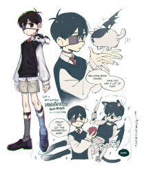 Rule 34 | 2boys, animal ears, antenna hair, apple, bat wings, black eyes, black footwear, black hair, black socks, black sweater vest, black tank top, cat boy, cat ears, cat tail, child, collar, collared shirt, commentary request, creature, creature on shoulder, cropped torso, dual persona, english text, eyepatch, food, fruit, full body, grey socks, hands up, holding, holding food, holding fruit, holding knife, kneehighs, knife, legwear garter, loafers, long sleeves, male focus, medical eyepatch, multiple boys, multiple views, omori, omori (omori), on shoulder, one eye covered, parted lips, red collar, shirt, shoes, short hair, shorts, socks, sparkle, speech bubble, standing, sunny (omori), sweater vest, tail, tank top, toastytoast, transformation, translated, upper body, white background, white shirt, wings, yellow shorts
