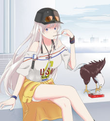 Rule 34 | 1girl, absurdres, alternate costume, azur lane, bare legs, bare shoulders, baseball cap, bird, black footwear, black hat, black shorts, breasts, closed mouth, clothes around waist, clothes writing, collarbone, eagle, enterprise (anniversary ride) (azur lane), enterprise (azur lane), eyewear on headwear, food, full body, fur trim, hand up, hat, highres, inflameys, jacket, jacket around waist, jewelry, long hair, looking at viewer, medium breasts, necklace, off-shoulder shirt, off shoulder, pocky, purple eyes, shirt, shoes, short shorts, shorts, sidelocks, sign, silver hair, sitting, skyline, smile, solo, star (symbol), sunglasses, sweatband, watch, white shirt, wristwatch, yellow jacket