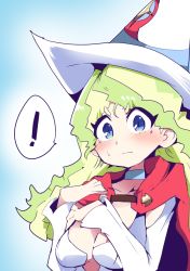Rule 34 | !, 1girl, blue eyes, blush, breasts, cape, diana cavendish, eyes visible through hair, hat, hys-d, light green hair, little witch academia, long sleeves, looking at viewer, medium breasts, multicolored hair, red cape, solo, speech bubble, sweatdrop, two-tone hair, upper body, white hat, witch hat