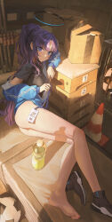 Rule 34 | 1girl, absurdres, ass, bare legs, barefoot, blue archive, blue eyes, blue jacket, blush, bottle, box, breasts, cardboard box, gym storeroom, half updo, halo, highres, jacket, lanyard, leaning on object, looking at viewer, medium breasts, official alternate costume, partially unzipped, purple hair, shoes, single shoe, soles, solo, toes, track jacket, ttk (kirinottk), water bottle, yuuka (blue archive), yuuka (track) (blue archive)