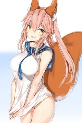 Rule 34 | 10s, 1girl, animal ear fluff, animal ears, blush, breasts, clothes pull, contrapposto, cowboy shot, dress, dress pull, fate/extra, fate (series), fox ears, fox tail, gradient background, hair between eyes, highres, large breasts, long hair, looking at viewer, open mouth, pink hair, sailor dress, short dress, silver (chenwen), sleeveless, sleeveless dress, smile, solo, standing, tail, tamamo (fate), tamamo no mae (fate/extra), teeth, thighs, tsurime, twintails, white background, white dress, yellow eyes