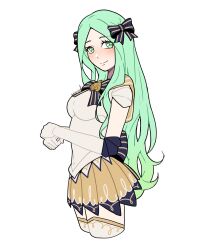 Rule 34 | 1girl, alternate costume, back bow, bishoujo senshi sailor moon, bow, bowtie, commentary, crossover, elbow gloves, english commentary, fire emblem, fire emblem: three houses, from side, gloves, gradient hair, green eyes, green hair, hair bow, highres, long hair, looking at viewer, miniskirt, multicolored hair, nintendo, pleated skirt, rhea (fire emblem), sailor senshi, signature, simple background, skirt, smile, smkittykat, solo, striped bow, thighhighs, white background, white gloves
