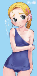 Rule 34 | 00s, 1girl, blonde hair, blue background, blue one-piece swimsuit, blush, breasts, clothes pull, covered navel, dated, female focus, futari wa precure, futari wa precure max heart, hair held back, hair ornament, kei jiei, kujou hikari, nipples, one-piece swimsuit, one-piece swimsuit pull, one breast out, precure, school swimsuit, simple background, solo, swimsuit, tan, tanline, undressing