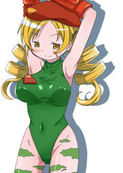 Rule 34 | 1girl, arms up, artist request, beret, blonde hair, cammy white, cammy white (cosplay), cosplay, covered navel, determined, drill hair, fingerless gloves, gloves, groin, half-closed eyes, hat, highleg, highleg leotard, leotard, long hair, mahou shoujo madoka magica, mahou shoujo madoka magica (anime), matching hair/eyes, momo (seiga19172483), official style, red gloves, red hat, scar, scar on face, shadow, shiny clothes, simple background, solo, standing, street fighter, tomoe mami, turtleneck, twin drills, white background, yellow eyes