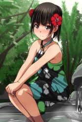Rule 34 | 1girl, absurdres, bare arms, bare shoulders, black dress, black hair, blush, brown eyes, closed mouth, dress, feet out of frame, floral print, flower, hair flower, hair ornament, highres, looking at viewer, matsunaga kouyou, nose blush, original, print dress, red flower, sitting, sleeveless, sleeveless dress, smile, soaking feet, solo, water