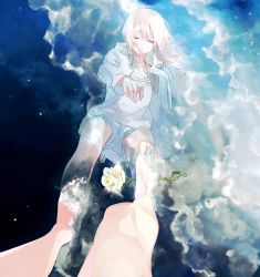 Rule 34 | 1girl, air bubble, armpit peek, aspara, bare legs, barefoot, bent over, blue shorts, blue sky, blue theme, bubble, camisole, closed eyes, closed mouth, cloud, collarbone, commentary request, drawstring, eyelashes, female pov, flat chest, floating hair, flower, from above, hair between eyes, highres, hood, hooded jacket, jacket, jewelry, legs apart, lily (flower), long hair, long sleeves, night, night sky, ocean, open clothes, open jacket, original, out of frame, pendant, pov, reflection, rose, shorts, sky, soaking feet, solo, standing, star (sky), thorns, upshorts, wading, waves, white flower, white hair, white jacket, white rose, wind
