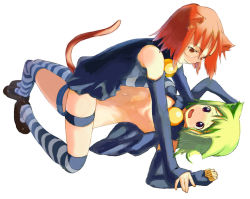Rule 34 | 2girls, animal ears, arumi, bell, cat ears, cat tail, collar, elbow gloves, eye contact, gloves, green hair, kneehighs, lingerie, looking at another, manika, monika, multiple girls, neck bell, simple background, socks, striped clothes, striped legwear, striped thighhighs, tail, thigh strap, thighhighs, underwear, white background, yuri