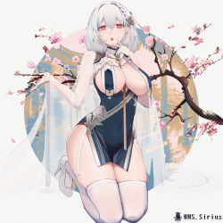 Rule 34 | 1girl, absurdres, artificial flower, azur lane, between breasts, braid, breasts, bright pupils, character name, cherry blossoms, cleavage, covered navel, flower, french braid, garter straps, gloves, hair between eyes, hair flower, hair ornament, half gloves, high heels, highres, huangmao, huge filesize, kneeling, large breasts, looking at viewer, open mouth, red eyes, revealing clothes, rose, sidelocks, silver hair, sirius (azur lane), sirius (azure horizons) (azur lane), solo, teeth, thighhighs, thighs, tongue, white footwear, white gloves, white pupils, white thighhighs