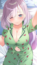 Rule 34 | 1girl, absurdres, alternate costume, bed, blue eyes, blush, breasts, bright pupils, cleavage, eyes visible through hair, food print, highres, hololive, hololive indonesia, large breasts, long hair, looking at viewer, midriff, navel, one eye closed, pajamas, pavolia reine, raven genesis, shirt, solo, unbuttoned, unbuttoned shirt, virtual youtuber, watermelon print, white hair, white pupils